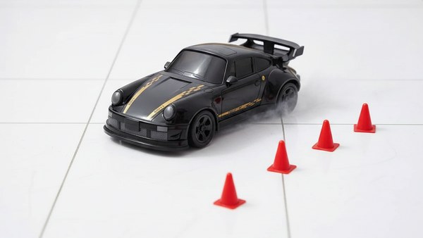 RC Drift Porsche 911 Noir mini-piste cônes rouges carrelage
