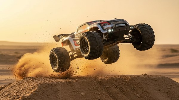 Truggy 16101 rouge en plein saut airtime sur dune de terre