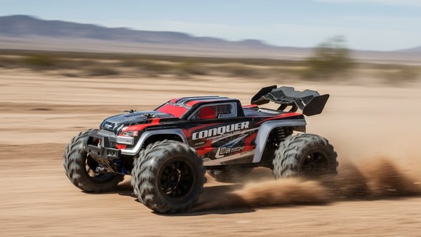 Truggy 16101 rouge en accélération horizontale poussière motion blur