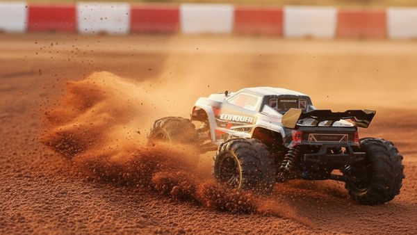 Truggy 16101 rouge en drift dans un virage de terre rouge battue