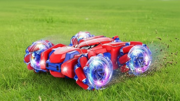 Voiture cascadeuse Spider-Man rouge jardin pelouse stunt 4WD