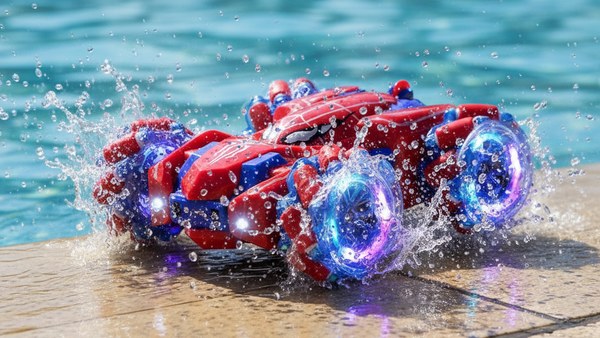 Voiture cascadeuse Spider-Man rouge bord piscine éclaboussures eau