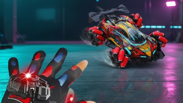 Gant gestuel noir avec LED rouge et bleu sur les doigts en arène néon