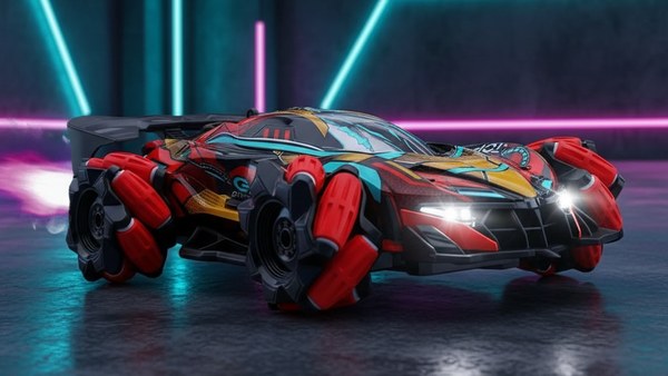Voiture RC Gant Gestuel rouge en rotation 360 dans arène néon