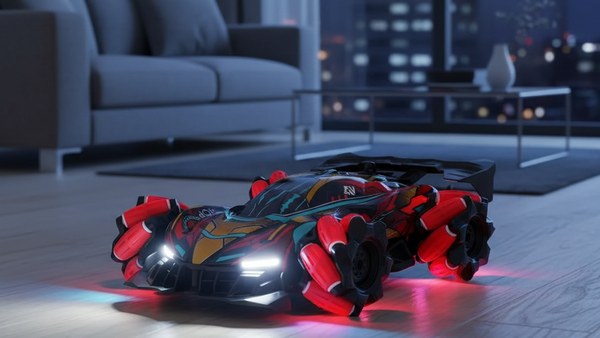 Voiture RC Gant Gestuel rouge avec LED RGB allumées dans salon moderne