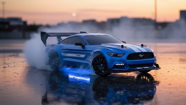 Voiture RC Super Drift bleue — drift en plein virage sur asphalte mouillé