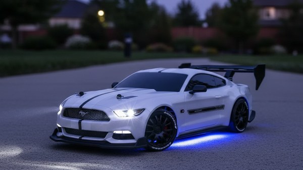 Voiture RC Super Drift blanche — phares LED et under-glow allumés au crépuscule