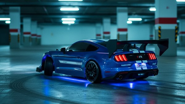Voiture RC Super Drift noire — parking nocturne avec under-glow LED