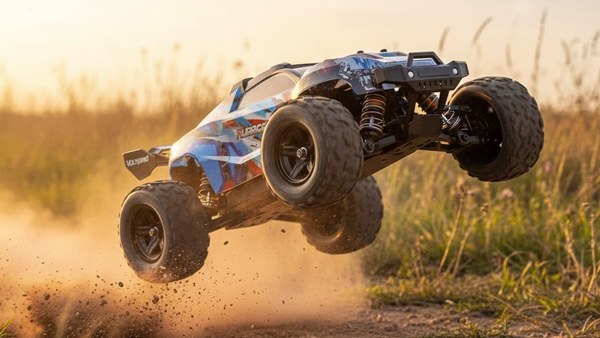 Hurricane Monster Truck bleu en saut spectaculaire avec ressorts orange visibles