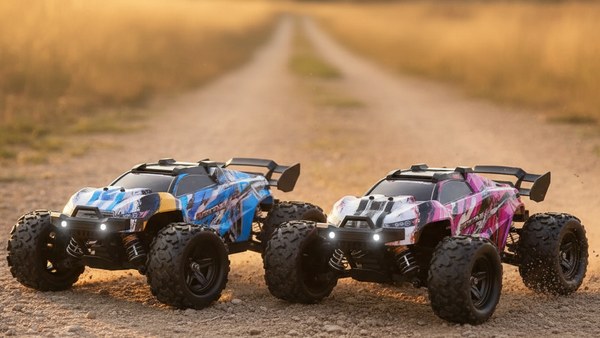 Duo Hurricane Monster Truck bleu et rose côte à côte sur chemin doré