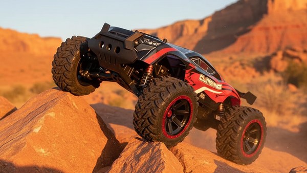Voiture RC Cheetah JUNGLE STALKER rouge en franchissement de rocher au coucher de soleil