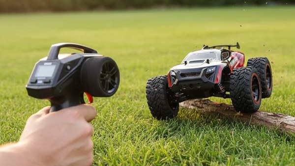 Voiture RC Cheetah pilotée par un parent avec un enfant dans le jardin
