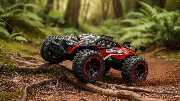Voiture RC Cheetah JUNGLE STALKER sur sentier forestier en terre rouge