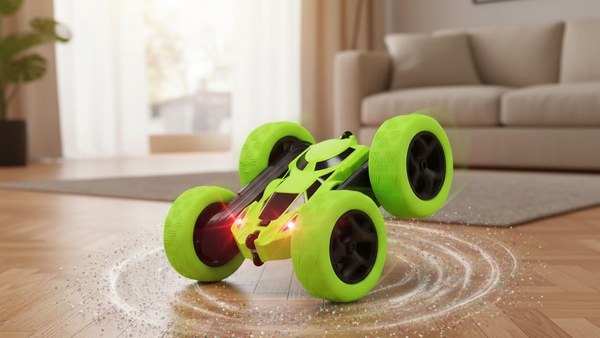 Voiture stunt RC verte cascade 360 — rotation 360° dans le salon
