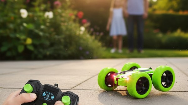 Voiture stunt RC verte cascade 360 — pilotage en famille avec enfant