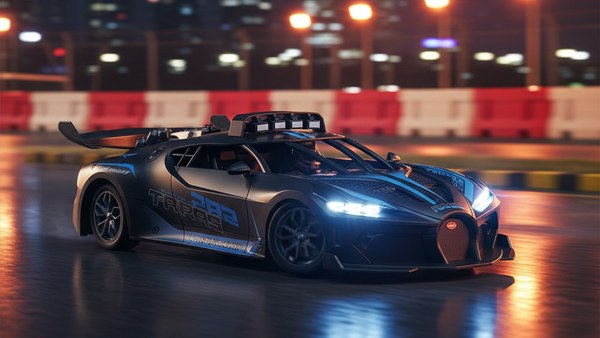 Bugatti RC bleu cobalt sur circuit nocturne avec phares LED