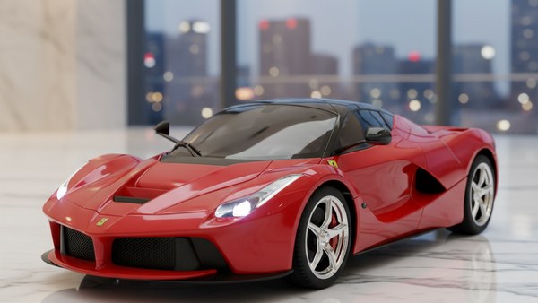Voiture télécommandée Ferrari rouge Rosso Corsa dans showroom marbre blanc