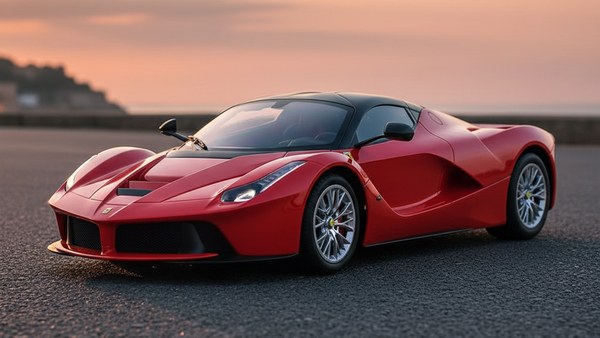 Voiture télécommandée Ferrari rouge sur esplanade asphalte au coucher de soleil méditerranéen