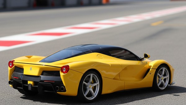 Voiture télécommandée Ferrari jaune Giallo Modena sur pit lane circuit asphalte