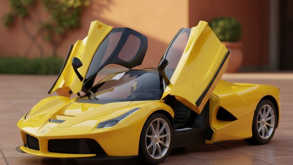 Voiture télécommandée Ferrari jaune dans cour villa italienne pierre toscane