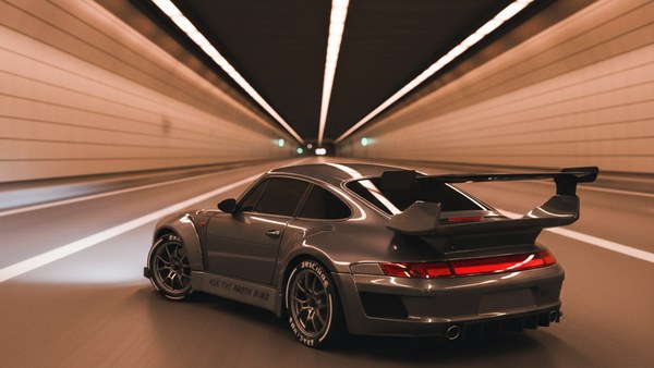 Voiture télécommandée Porsche GT3 — tunnel autobahn de nuit