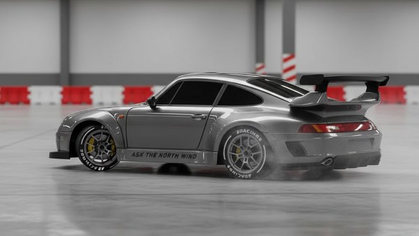 Voiture télécommandée Porsche GT3 — drift propre sur béton lisse