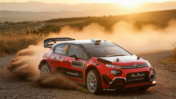 Voiture télécommandée WRC C3 — drift sur étape rallye au coucher du soleil