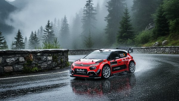 Voiture télécommandée WRC C3 — 4WD intégrale sur asphalte mouillé