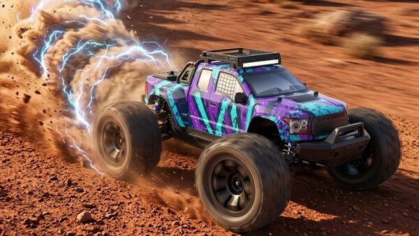 Monster Truck Titan Max 10 rouge graffiti 80 km/h poussière piste terre