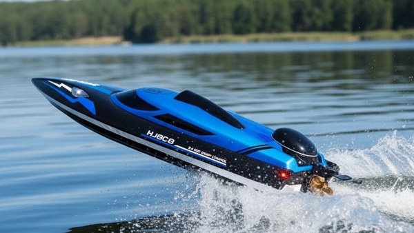 Bateau RC HJ808 bleu sillage long lac calme pleine vitesse trace blanche