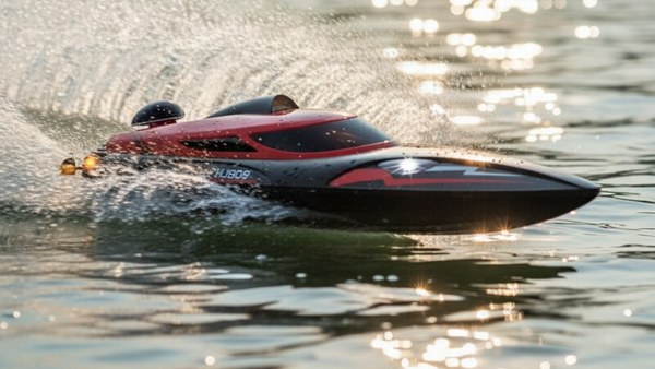 Bateau RC HJ808 rouge proue pointue gerbe laterale hydrodynamique closeup