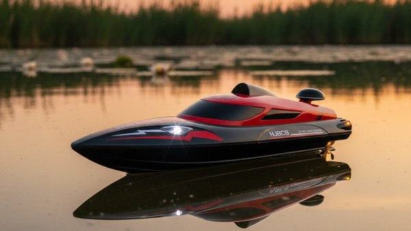Bateau RC HJ808 rouge etang coucher soleil reflets golden hour balade