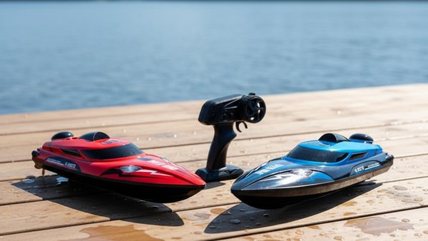 Bateau RC HJ808 rouge bleu duo ponton bois telecommande showcase variantes