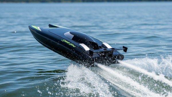 HY-Sport noir bimoteur vue arrière 2 hélices jets d'eau parallèle sillage lac