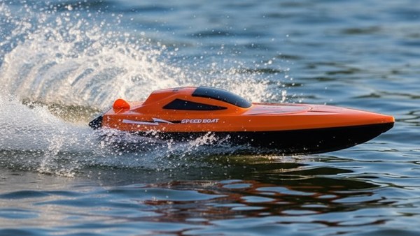 Bateau RC Speedy CR1990 orange gerbe laterale closeup vitesse hydrodynamique