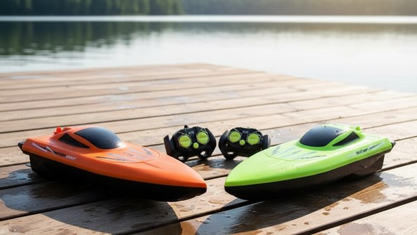 Bateau RC Speedy CR1990 duo orange vert telecommandes ponton bois showcase
