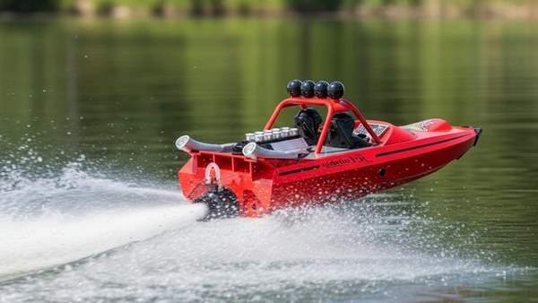Bateau Turbojet TY725 rouge lac sillage jet eau pleine vitesse golden