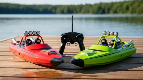 Bateau Turbojet TY725 duo rouge vert ponton bois lac telecommande showcase