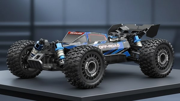 Détail des 4 amortisseurs hydrauliques bleus anodisés du buggy Hyper-Z 16