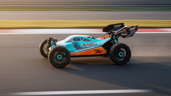 Profil aérodynamique sloped du buggy Mach-95 Pro vu de côté en plein run