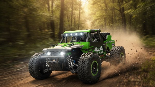 Buggy RC Neo-Raid 4x4 vert accélération chemin forêt motion blur