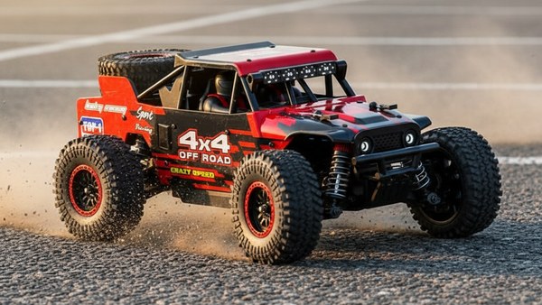 Buggy RC Neo-Raid 4x4 rouge virage parking bitume drift 4WD