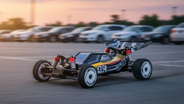 Buggy RC Velocity-24 parking lisse asphalte dash vitesse 25 km/h golden hour