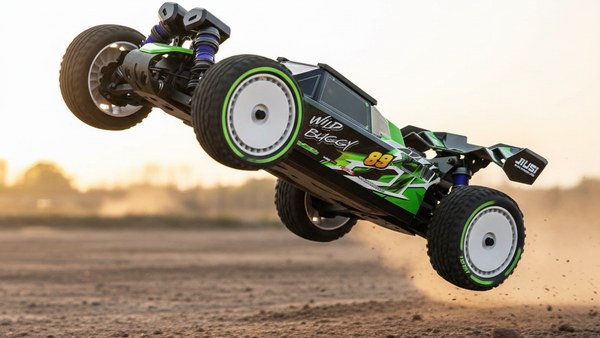 Volt-X 12 Vert lime en plein saut au-dessus d'une bosse de terre