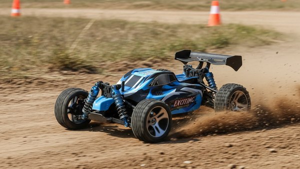 Buggy RC 4WD bleu bashing piste terre battue cônes orange flous