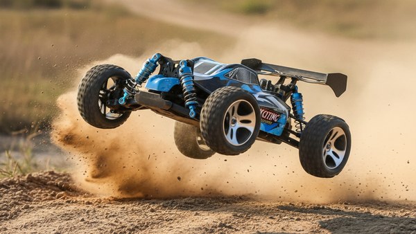 Buggy RC 4WD bleu saut bosse airborne 4 roues poussière dorée