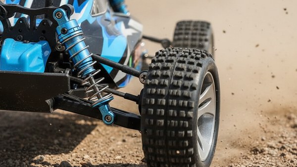 Gros plan amortisseur huile bleu anodisé suspension corner buggy 4WD