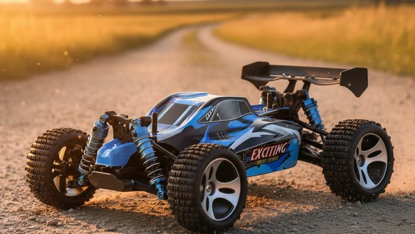 Buggy RC 4WD bleu chemin rural coucher de soleil golden hour cinéma