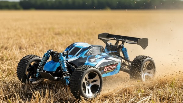 Buggy RC 4WD bleu champ herbe sèche ouvert plein gaz bashing