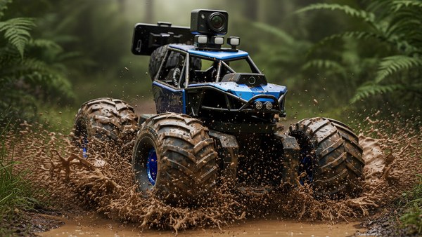 Crawler RC Titan Amphibia bleu traversée boue forêt projection